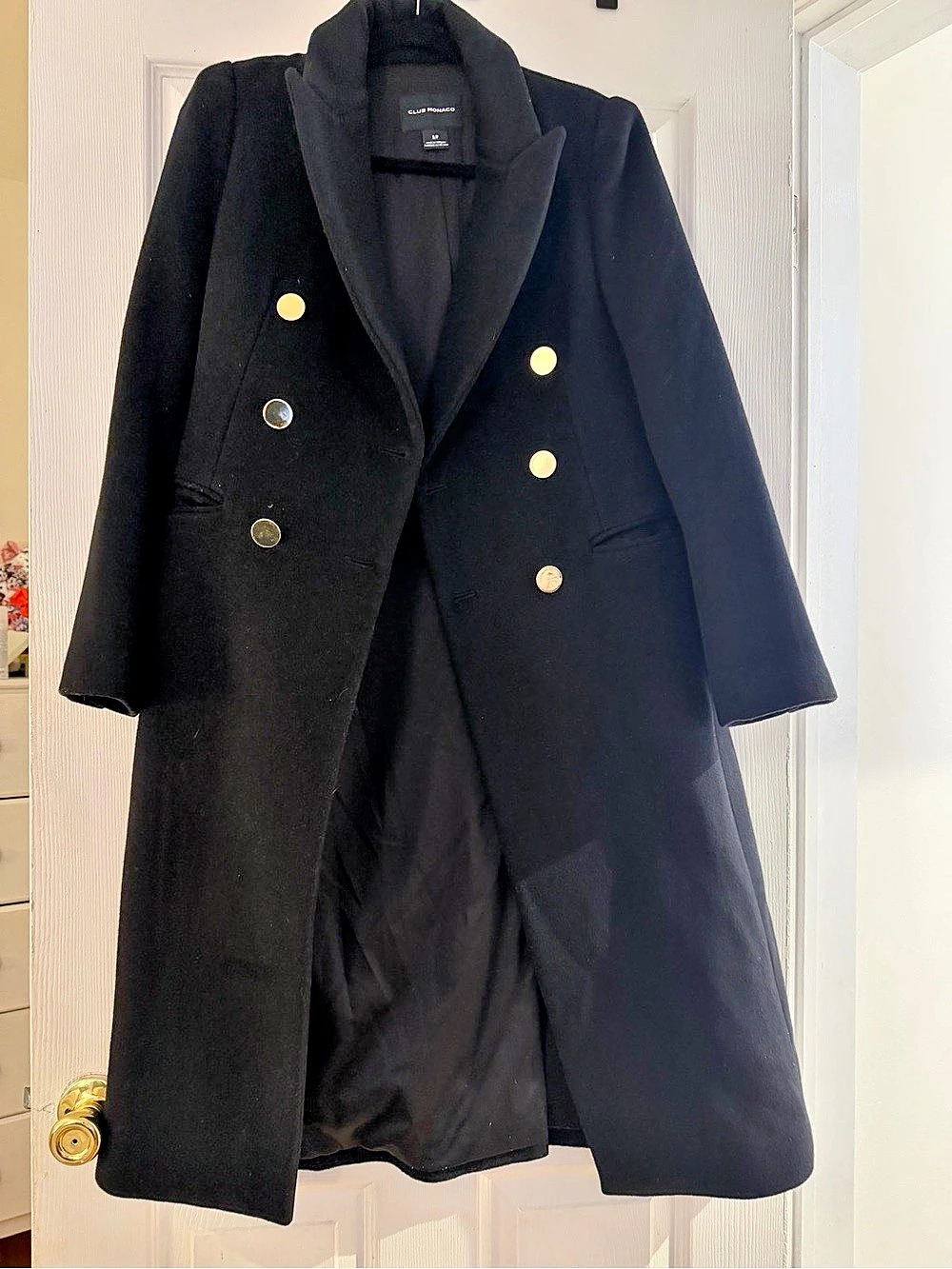 Club Monaco Double-Breasted Wool Coat in Black Size Small